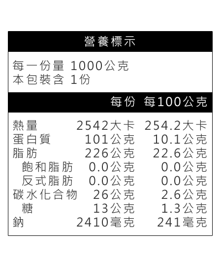 麻香素品猴頭菇營養標示