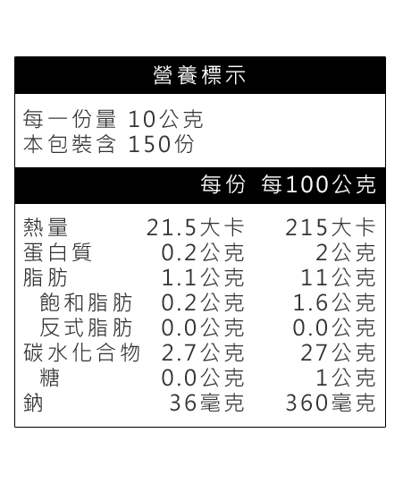 小小兵薯塊營養標示